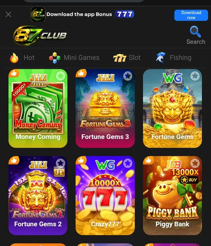 Online casino style slot games available on the 87Club Game app