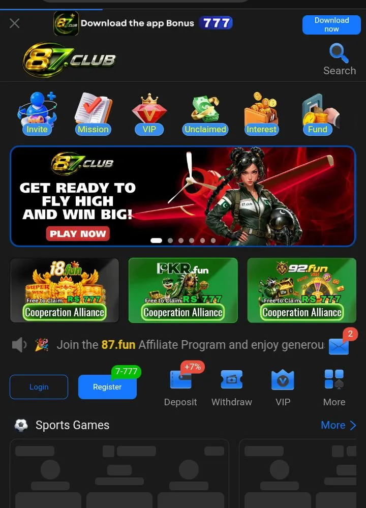 The interactive home screen of the 87Club Game offers quick access to daily missions, secure deposits, and instant withdrawals.