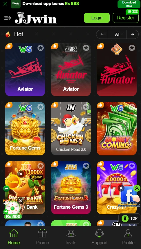 The Game Hub screen of the JJWin Game APK showcases a variety of popular games, including Aviator, Fortune Gems, Chicken Road 2.0, and Money Coming. The interface is designed to provide users with quick access to featured titles through a clean, engaging, and easy-to-navigate layout.