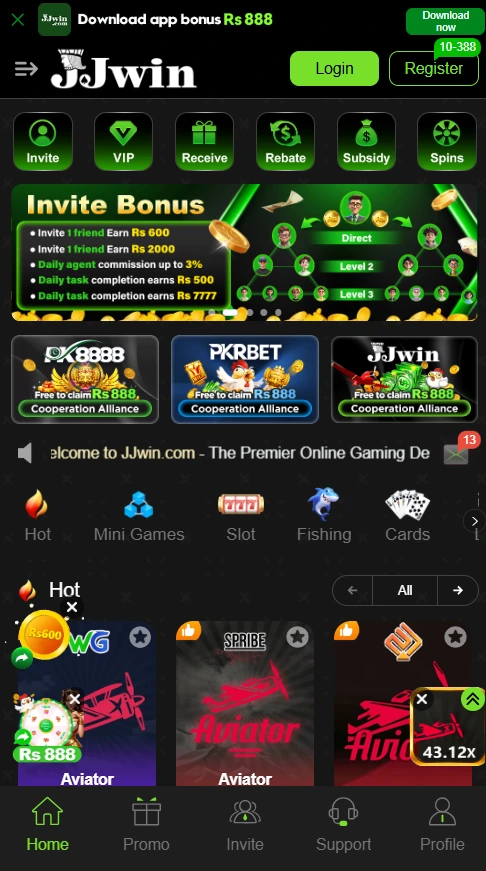 Home screen of the JJwin game APK, showing the invite bonus and hot game; Aviators.