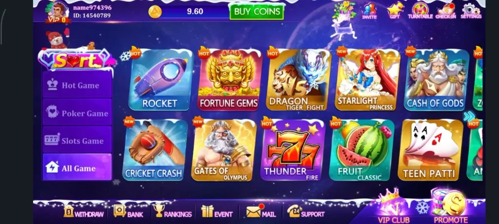 KK Club Game app interface showing mini-games like rocket, fortune gem and 777 and Dragon Tiger. 