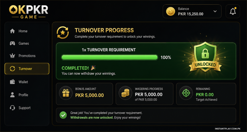 A digital dashboard highlighting the 1x turnover requirement needed to unlock automated withdrawals on the OKPKR platform.