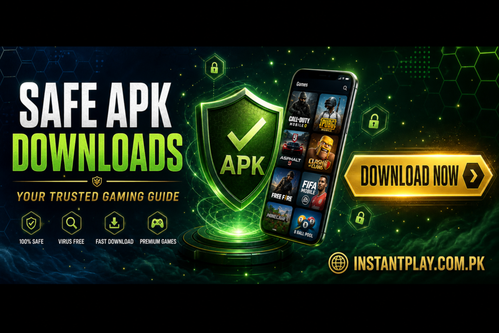 An educational infographic designed for Instant Play, detailing the technical steps to securely install APK games on Android and explaining the financial mechanics of clearing minimum withdrawal limits via JazzCash.