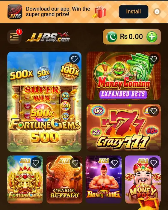 Main dashboard of the JJRS Game APK v1.2.1 showing low-friction prediction rooms and active EasyPaisa links on a Pakistani mobile network.