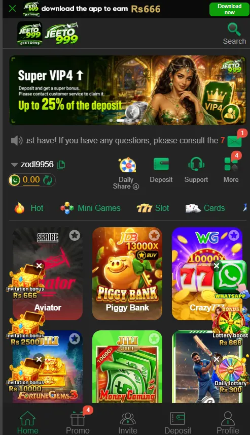 The main interface of the Jeeto999 Game APK running on a budget Android phone, displaying active VIP progression tracks and live prediction rooms.