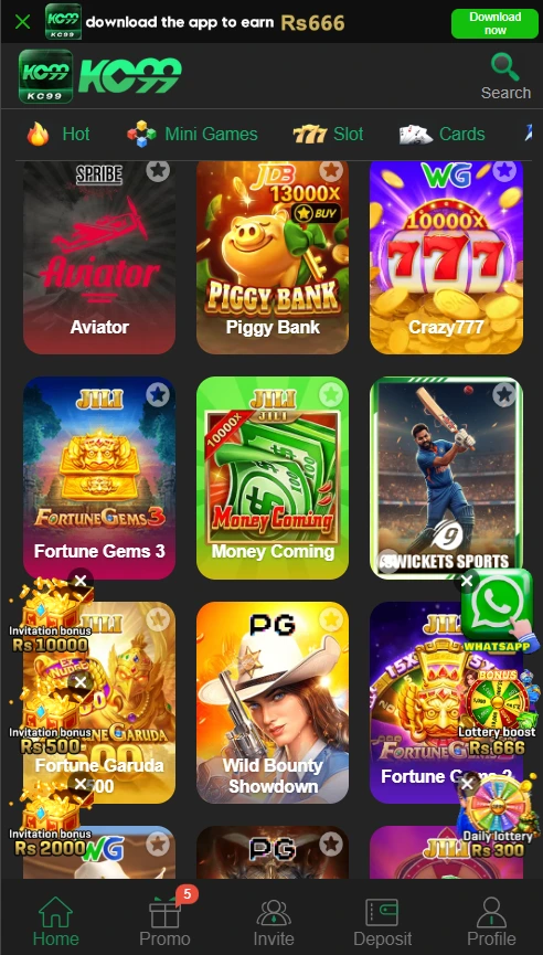 KC99 Game home screen showing featured games, promotions and navigation menu