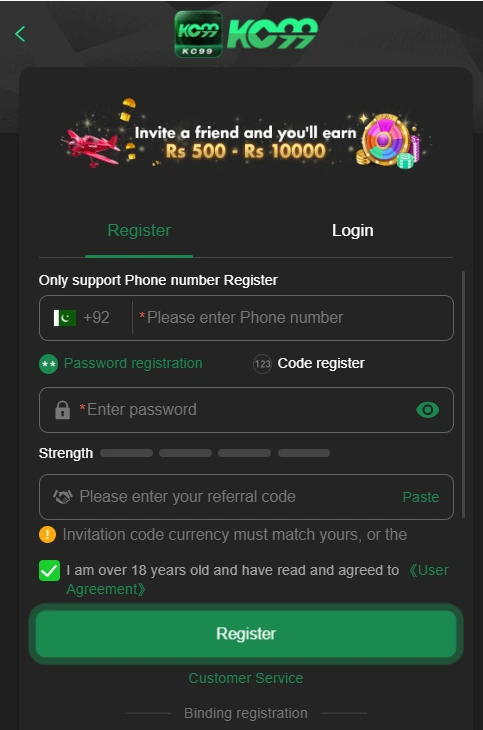 KC99 Game registration screen with Pakistani +92 phone number field and referral code option