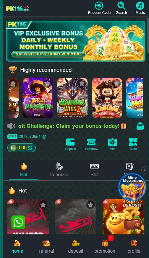 Main dashboard interface of the Pro116 Game APK running on Android, showing In-house prediction titles including Spribe Aviator, Crash, Mines, and Limbo.