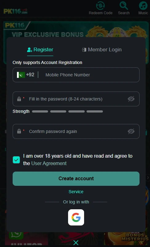 Account registration interface inside the Pro116 Game APK showing +92 Pakistani mobile phone verification and Google one-tap login options.