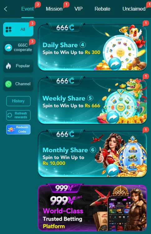 The active promotional events dashboard on the 666C digital side hustle app, featuring the Daily Share and Monthly Share spin reward wheels.