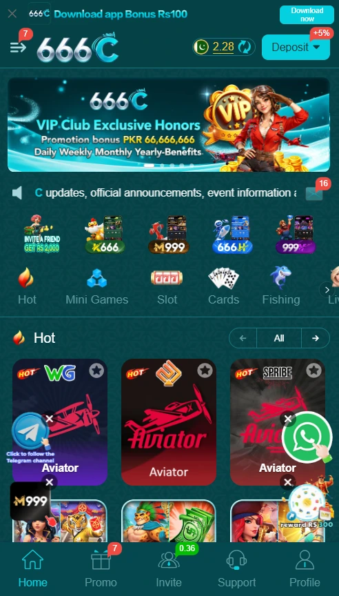 Main dashboard interface of the 666C Game APK running on a budget Android phone, displaying active Aviator prediction lobbies, a Rs 100 sign-up bonus, and local VIP wallet links.