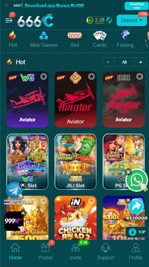 The digital lobby selection screen inside the 666C app, highlighting rapid-cycle formats like Spribe Aviator, Fortune Gems, and Chicken Road 2.